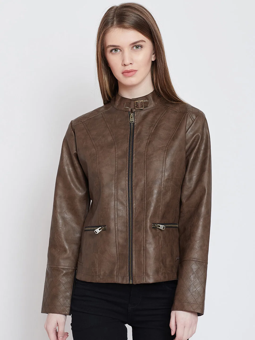 Women Casual Brown Leather Jacket