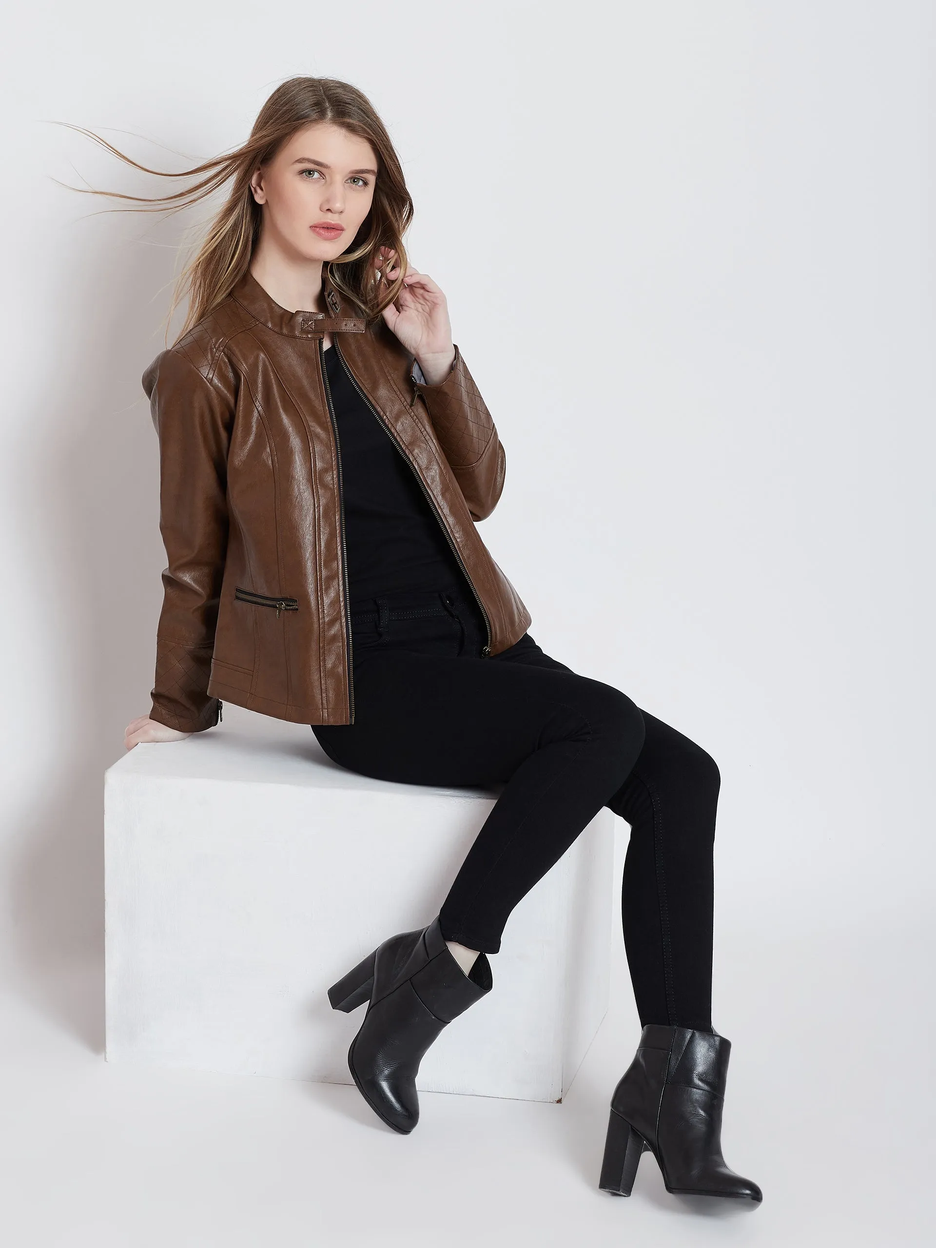 Women Casual Tan Leather Jacket