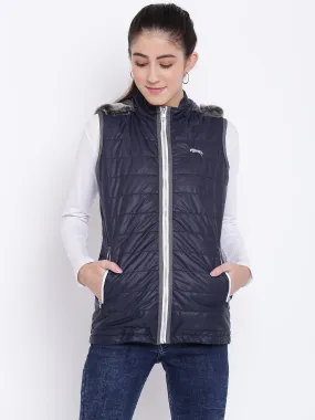 Women Navy Blue Casual Quilted Jacket