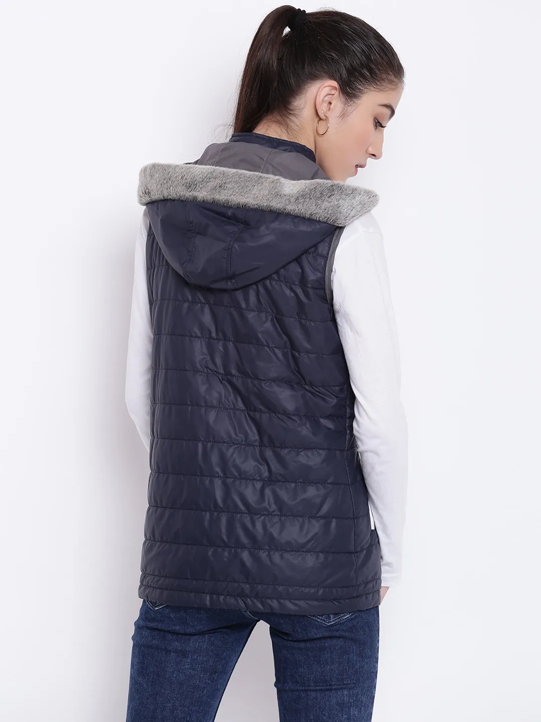 Women Navy Blue Casual Quilted Jacket