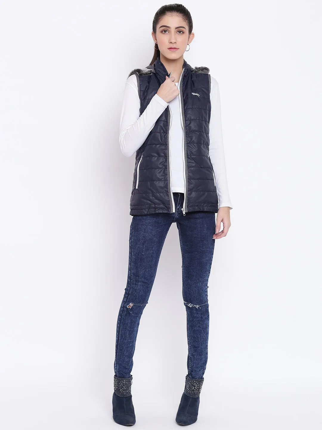 Women Navy Blue Casual Quilted Jacket