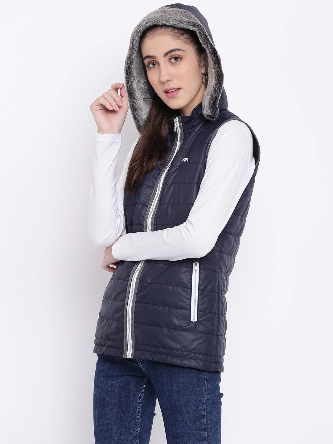 Women Navy Blue Casual Quilted Jacket