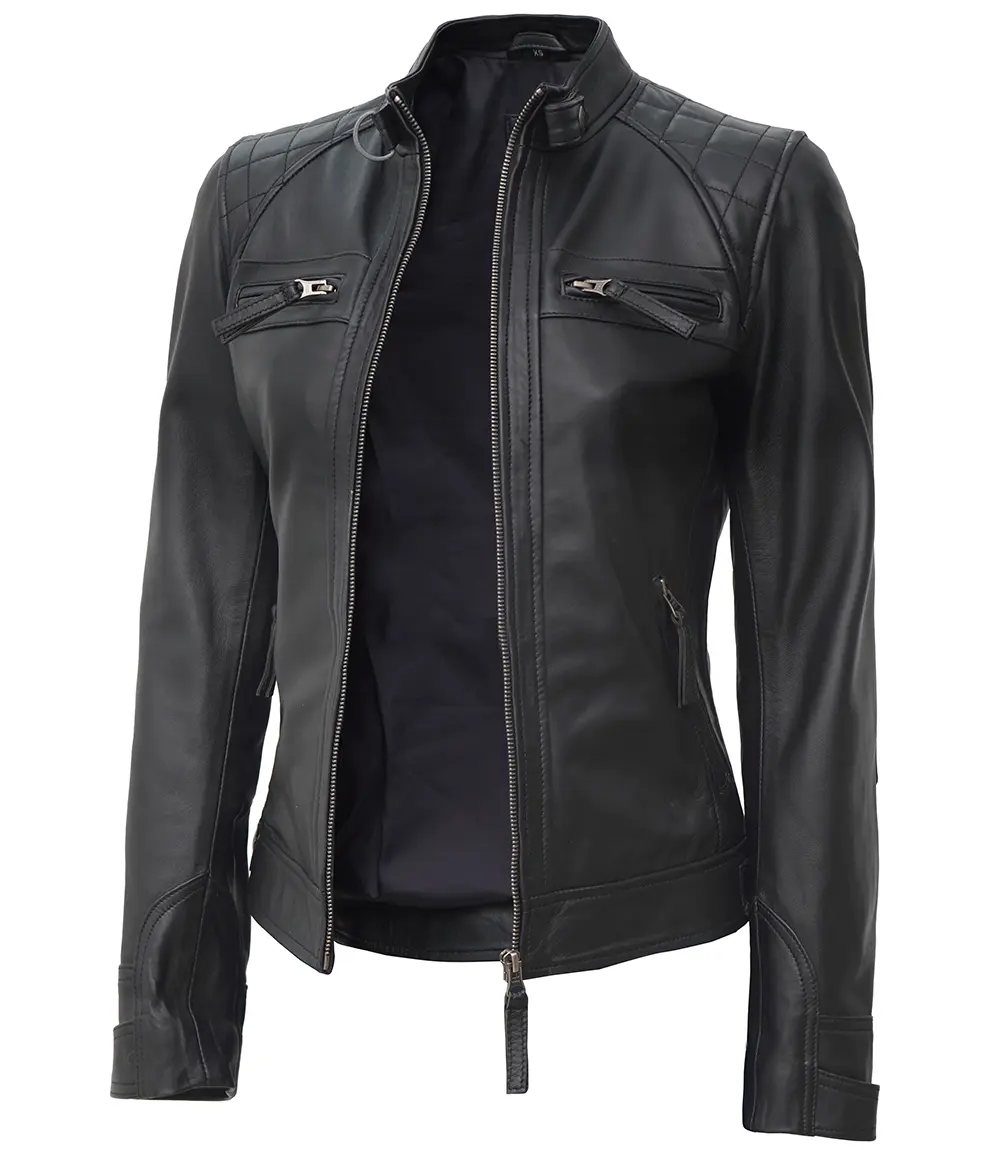 Women Petite Black Quilted Cafe Racer Leather Jacket