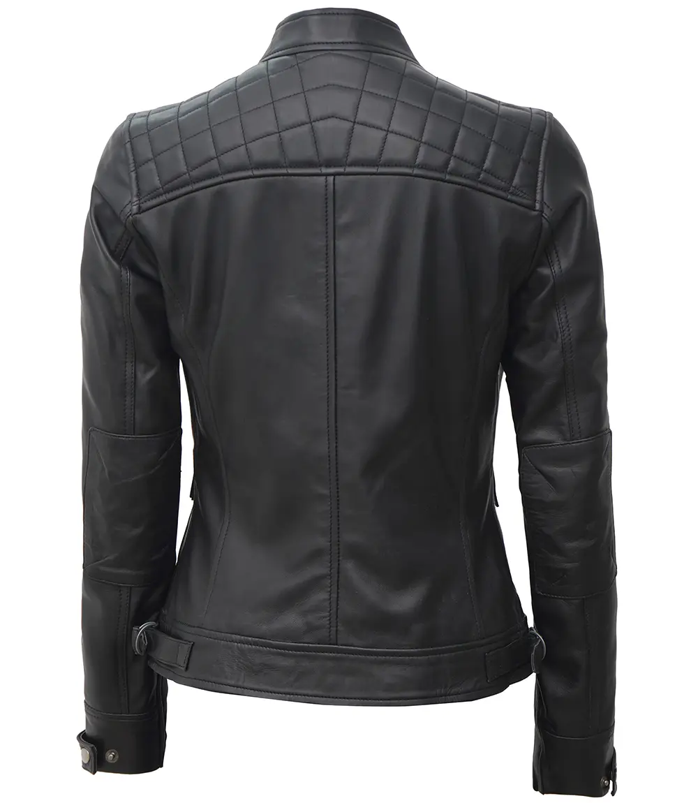 Women Petite Black Quilted Cafe Racer Leather Jacket