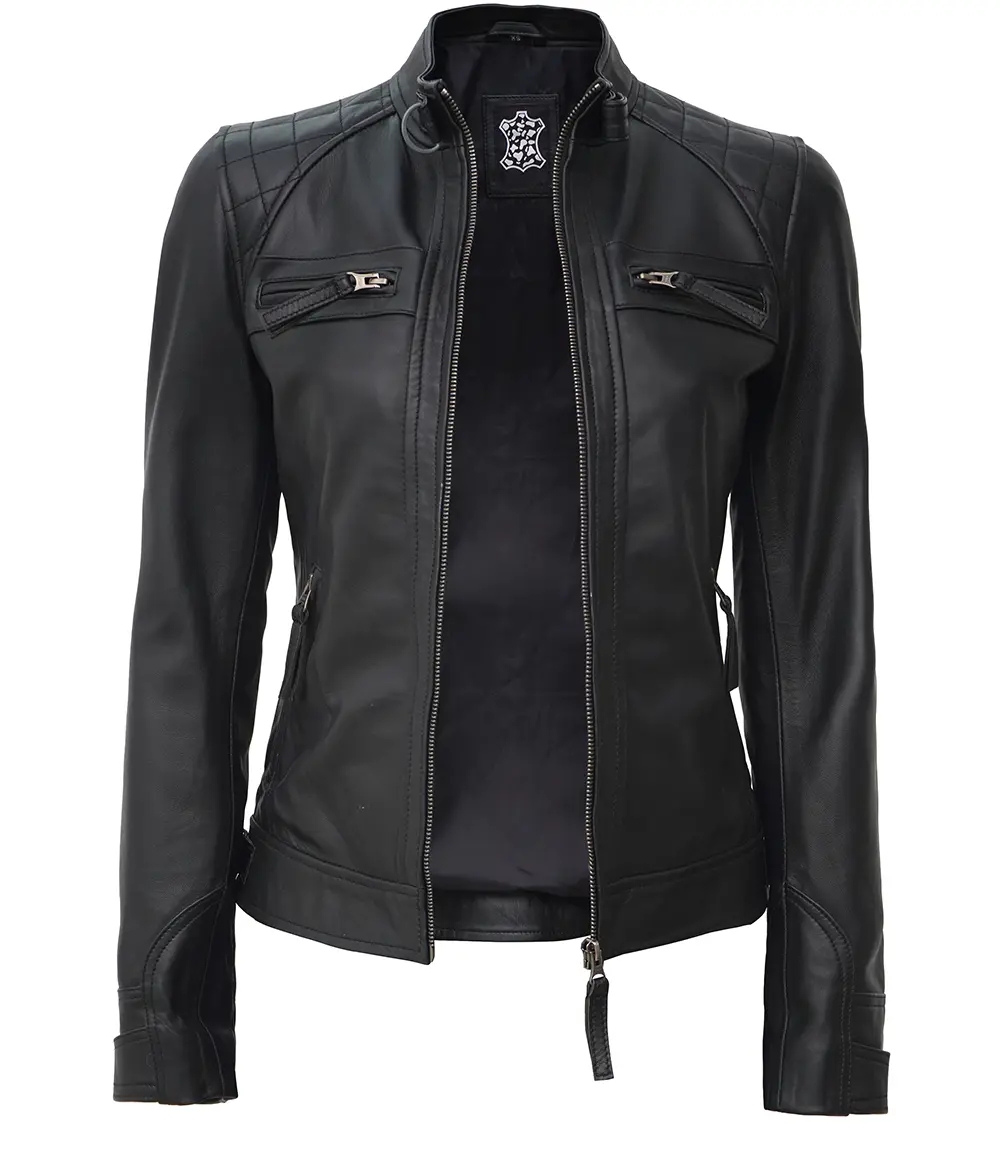 Women Petite Black Quilted Cafe Racer Leather Jacket