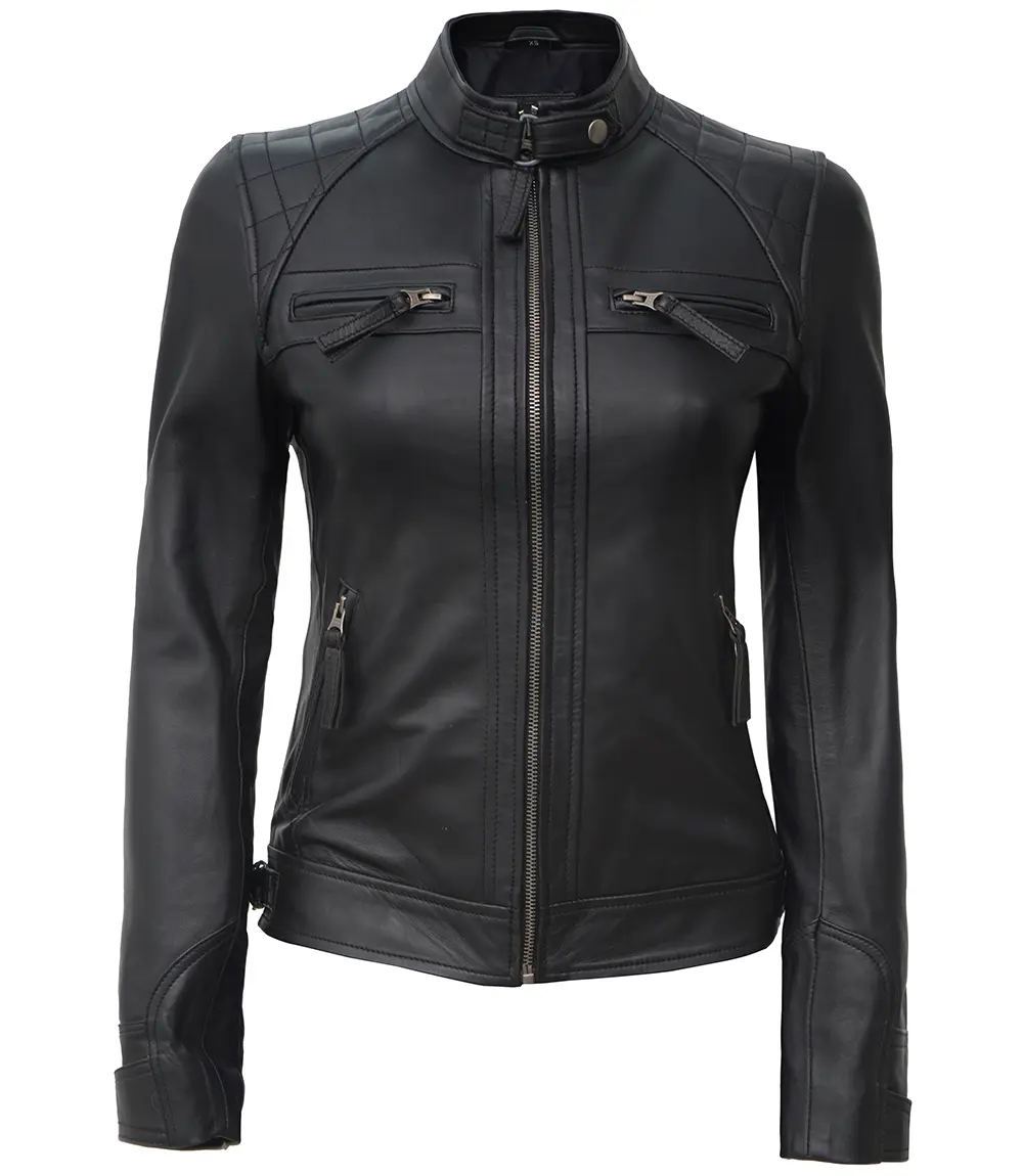 Women Petite Black Quilted Cafe Racer Leather Jacket