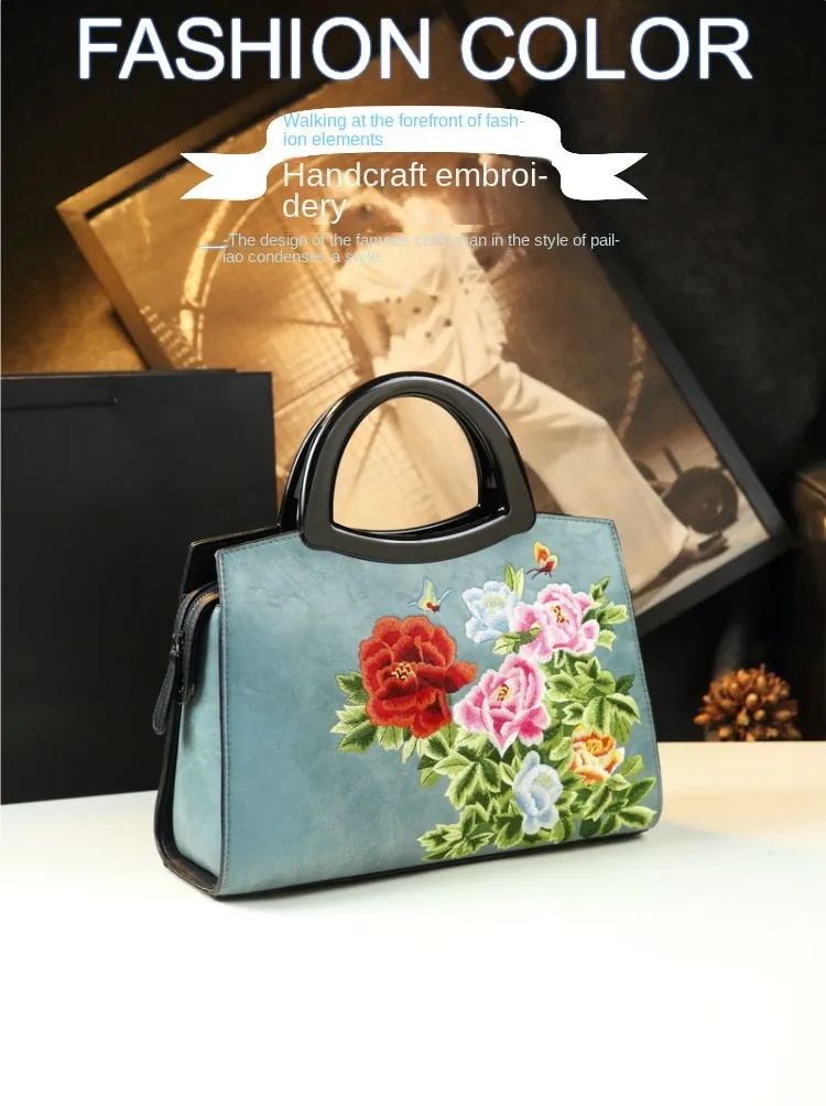 Women's Elegant Cheongsam Embroidered Leather Shoulder Tote Handbag