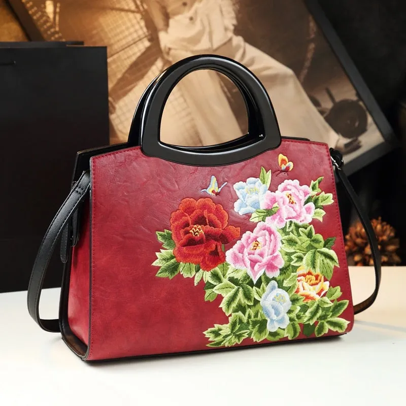 Women's Elegant Cheongsam Embroidered Leather Shoulder Tote Handbag