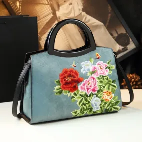 Women's Elegant Cheongsam Embroidered Leather Shoulder Tote Handbag