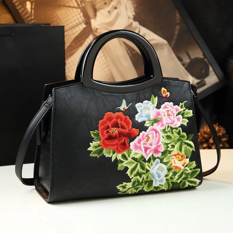 Women's Elegant Cheongsam Embroidered Leather Shoulder Tote Handbag