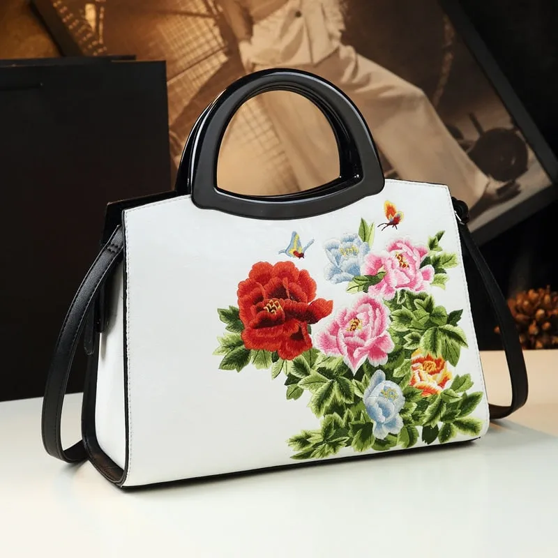 Women's Elegant Cheongsam Embroidered Leather Shoulder Tote Handbag