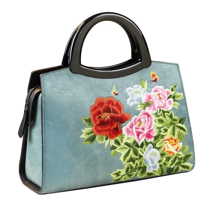 Women's Elegant Cheongsam Embroidered Leather Shoulder Tote Handbag