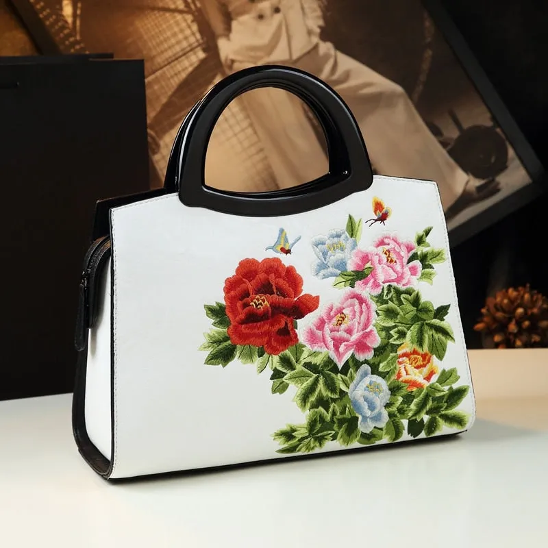 Women's Elegant Cheongsam Embroidered Leather Shoulder Tote Handbag