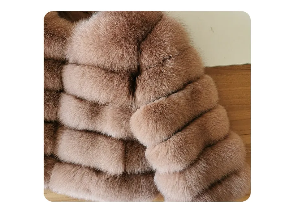 Women's Luxury Winter Natural Raccoon Fox Fur O-Neck Collar Jacket