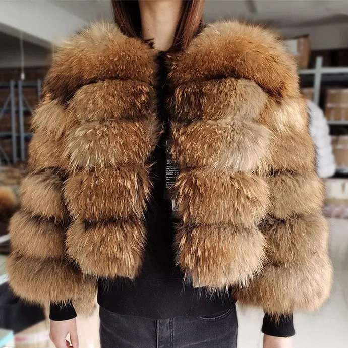 Women's Luxury Winter Natural Raccoon Fox Fur O-Neck Collar Jacket