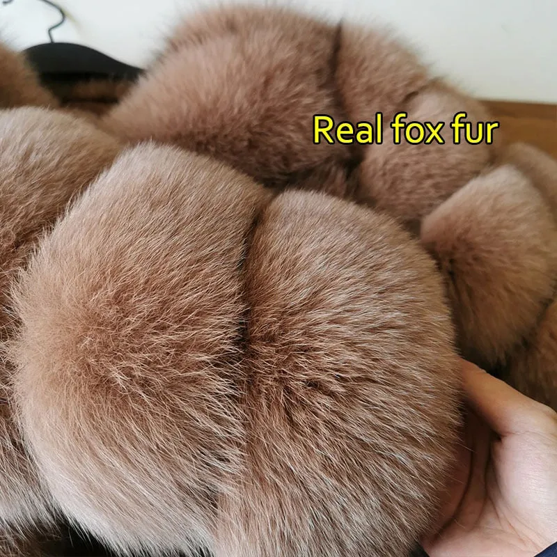 Women's Luxury Winter Natural Raccoon Fox Fur O-Neck Collar Jacket