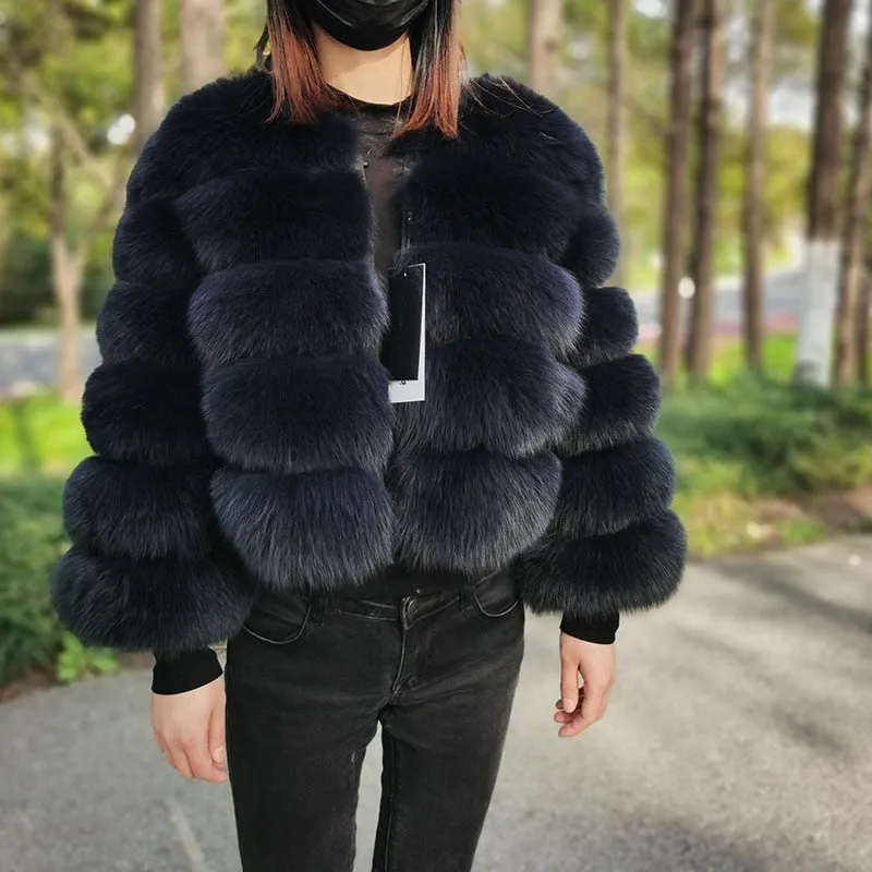 Women's Luxury Winter Natural Raccoon Fox Fur O-Neck Collar Jacket