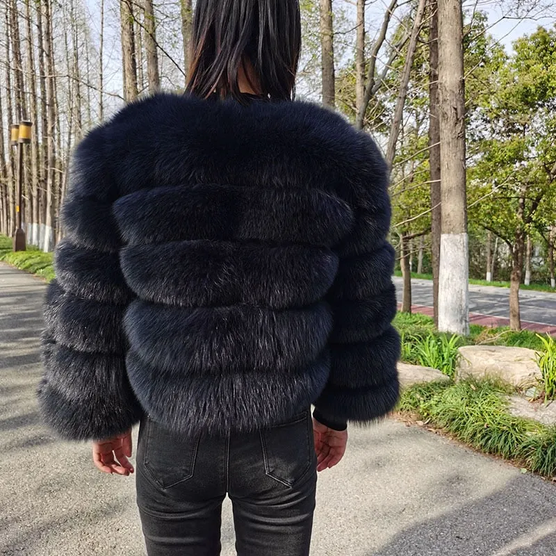 Women's Luxury Winter Natural Raccoon Fox Fur O-Neck Collar Jacket