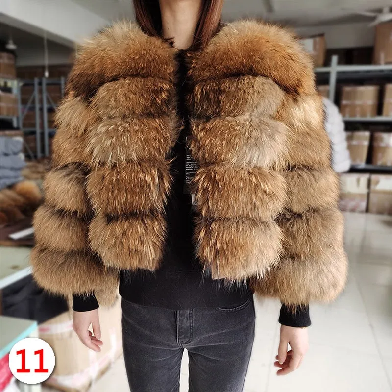 Women's Luxury Winter Natural Raccoon Fox Fur O-Neck Collar Jacket