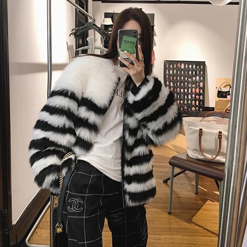 Women's Winter Fur Fox Zipper Knitting O-Neck Long Sleeve Jackets