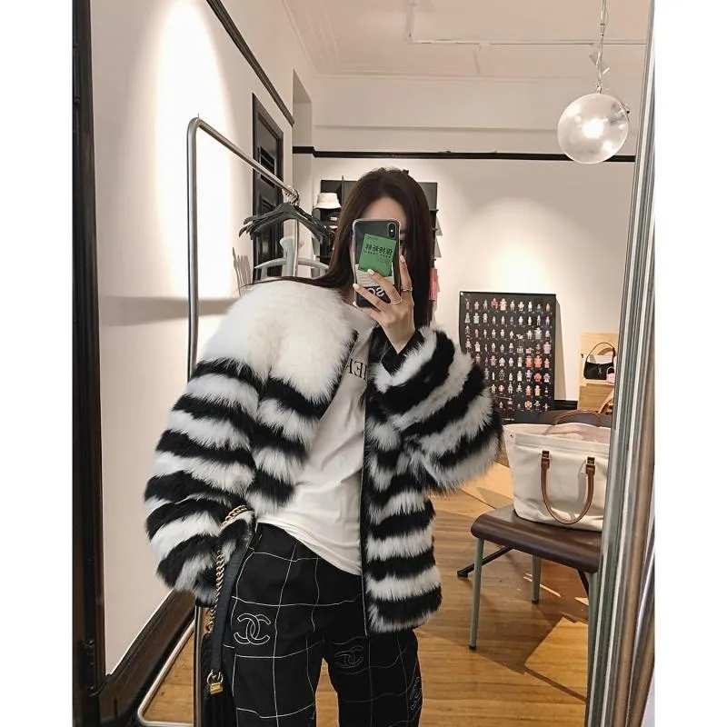 Women's Winter Fur Fox Zipper Knitting O-Neck Long Sleeve Jackets