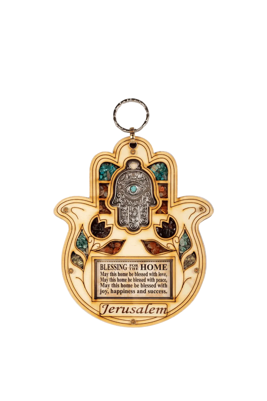 Wooden Home Blessing Hamsa Hebrew Gemstones Jerusalem Good Luck Wall Decor 7.5