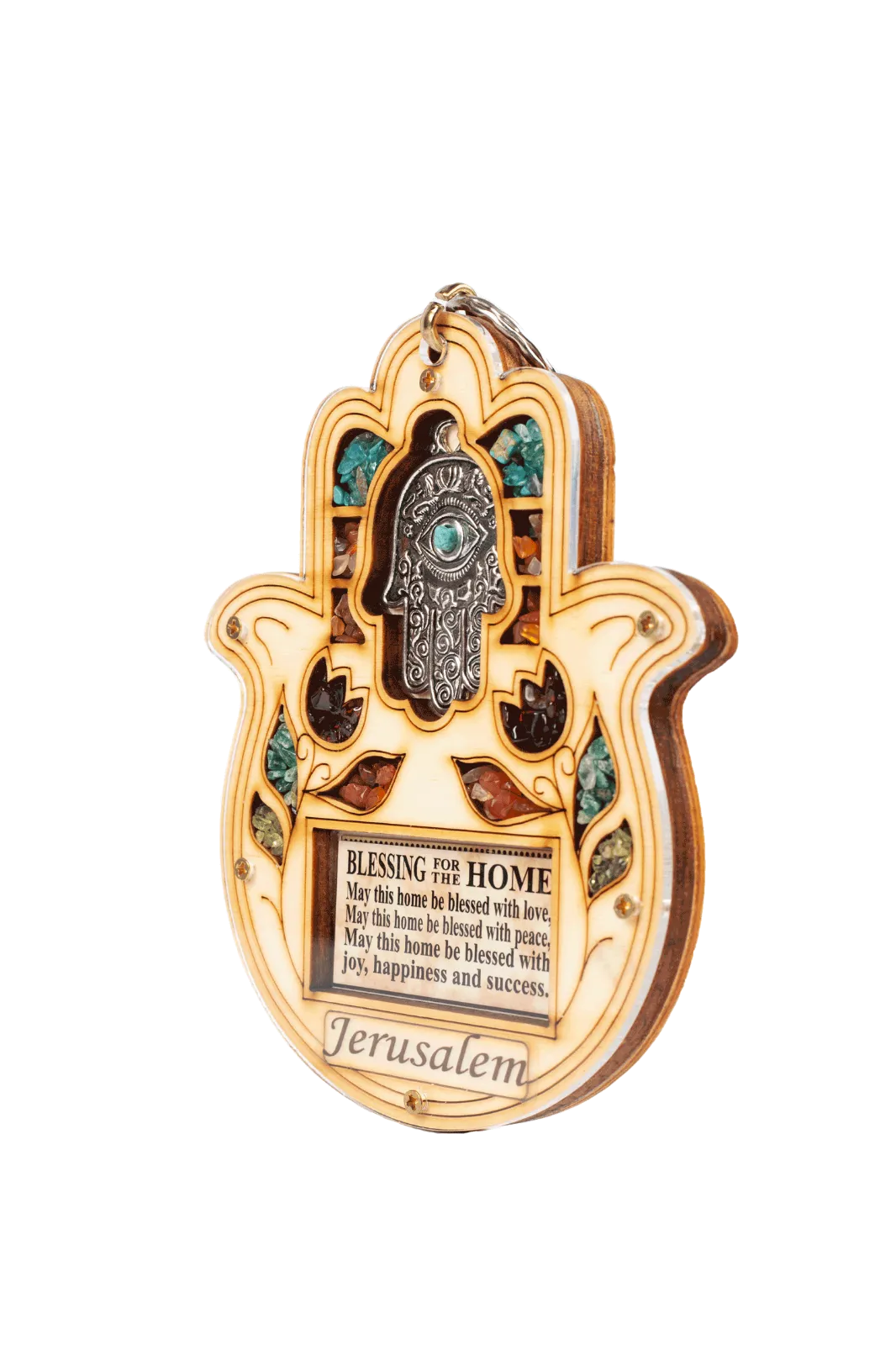 Wooden Home Blessing Hamsa Hebrew Gemstones Jerusalem Good Luck Wall Decor 7.5